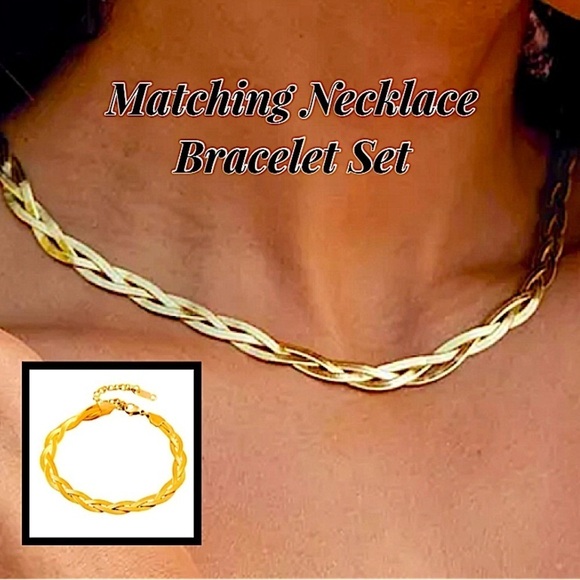 Braided Twisted Gold Plated Herringbone Flat Necklace Matching Bracelet Set - Picture 1 of 8